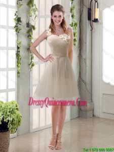 Champagne Ruched Hand Made Flowers One Shoulder Dama Dresses