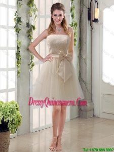 Popular Champagne Strapless Princess Bowknot Dama Dresses for 2016