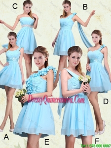 2016 Popular Ruched Chiffon Aqua Blue Dama Dresses with Mini Length
