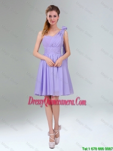 Popular Mini Length Lavender Dama Dresses with Ruching and Handmade Flower