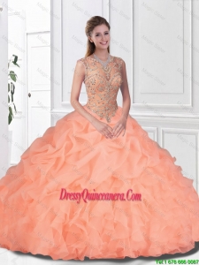 Perfect Beaded and Ruffles Watermelon Quinceanera Gowns with Bateau for 2016