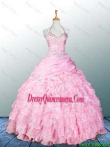 2016 Pretty Halter Top Pink Quinceanera Dresses with Appliques