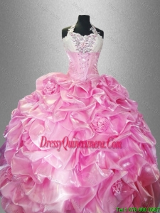 2016 Perfect Halter Top Quinceanera Dresses with Pick Ups and Hand Made Flowers