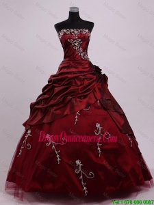 Best Selling Elegant Strapless Ball Gown Wine Red Sweet 16 Dresses with Appliques