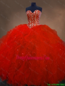 Elegant Discount Pretty Red Sweetheart Quinceanera Gowns with Ruffles and Beading