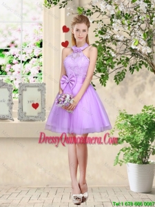 Feminine Halter Top Laced and Bowknot Dama Dresses in Lavender