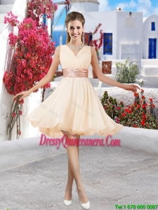 Affordable Champagne V Neck Dama Dresses with Belt and Ruching