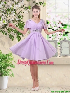 Simple A Line V Neck Beaded Dama Dresses in Lavender