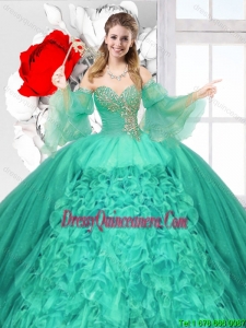 2016 Summer Popular Beaded Turquoise Quinceanera Gowns with Ruffles