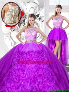 Perfect Beaded and Ruffles Detachable Sweet 16 Dresses with Scoop