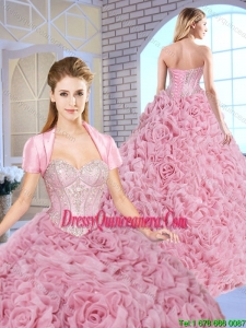 Luxurious Beading Brush Train 2016 Exclusive Quinceanera Gowns with Rolling Flowers