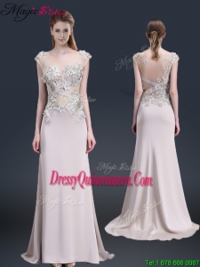 2016 Luxurious Brush Train Cap Sleeves Dama Dresses with Appliques