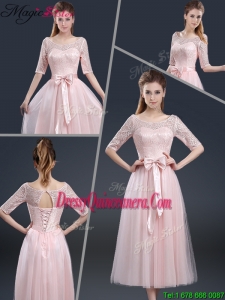 2016 Summer Elegant Tea Length Dama Dresses with Lace and Bowknot