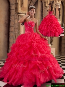 Popular Coral Red Sweetheart Quinceanera Gowns with Beading