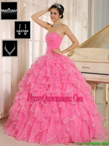 Designer Rose Pink Quinceanera Gowns with Ruffles and Beading