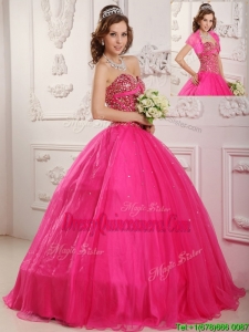 Exclusive A Line Floor Length Quinceanera Dresses in Hot Pink