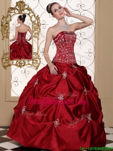 Fabulous Embroidery Wine Red Strapless Quinceanera Dresses