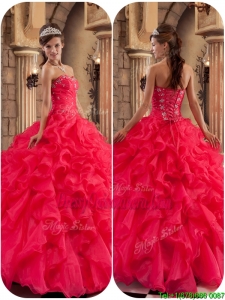 Modest Beading and Ruffles Quinceanera Dresses in Coral Red