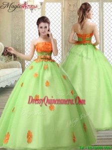 Latest Strapless Quinceanera Gowns with Appliques and Belt for 2016