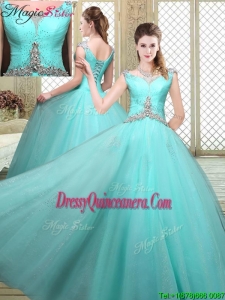 Luxurious Straps Beading Sweet 16 Dresses in Aqua Blue