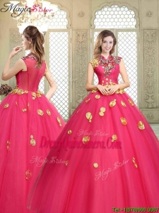 Simple High Neck Cap Sleeves Quinceanera Dresses with Appliques