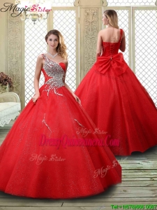 Simple One Shoulder Quinceanera Dresses with Beading in Red