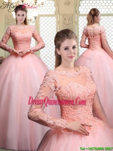 Pretty Bateau Long Sleeves Beading and Appliques Quinceanera Dresses for 2016