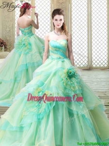 Simple Strapless Brush Train Quinceanera Dresses with Hand Made Flowers