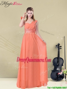 Affordable One Shoulder Floor Length Dama Dresses For Quinceanera with Ruching and Belt