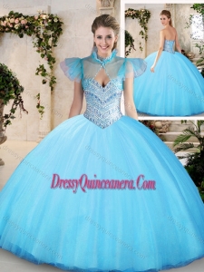 Modest Sweetheart Aqua Blue Quinceanera Dresses with Beading
