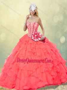Luxurious Coral Red Quinceanera Gowns with Beading and Ruffles for Fall