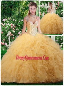 Best Straps Beading and Ruffles Sweet 16 Dresses in Champange