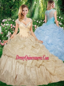 Gorgeous Straps Brush Train Champagne Quinceanera Gowns with Beading
