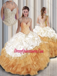2016 Cute Ball Gown Beading Champange Quinceanera Dresses
