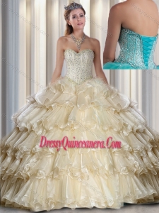 2016 Hot Sale Sweetheart Beading and Ruffled Layers Champange Quinceanera Dresses
