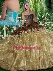 Cute Ball Gown Beading Champange Sweet 16 Dresses with Brush Train