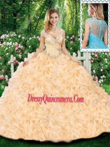 Cute Ball Gown Cap Sleeves Champagne Quinceanera Dresses with Beading and Ruffles for Fall
