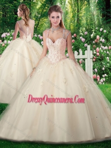 Luxurious A Line Champange Quinceanera Dresses with Beading and Appliques