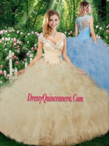 Luxurious Ball Gown Beading Champagne Quinceanera Dresses with Cap Sleeves