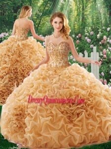 Luxurious Brush Train Appliques Champagne Quinceanera Dresses for 16 Brithday Party