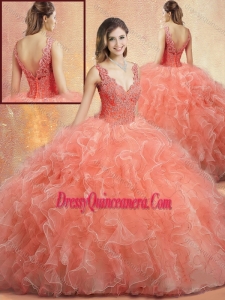 2016 Classic V Neck Sweet 16 Gowns with Ruffles and Appliques
