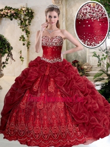 Classic Brush Train Wine Red Quinceanera Gowns with Embroidery