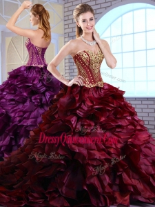 2016 Gorgeous Brush Train Ruffles and Appliques Quinceanera Gowns in Wine Red