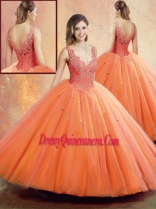 2016 Romantic Straps Orange Sweet 16 Dresses with Beading and Appliques