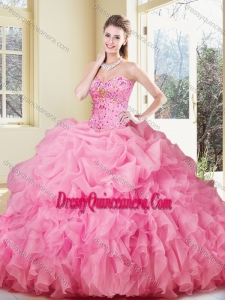 2016 Simple Ball Gown Rose Pink Quinceanera Dresses with Ruffles and Pick Ups
