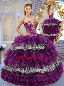 2016 Simple Sweetheart Ball Gown Sweet 16 Dresses with Ruffled Layers and Zebra