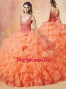 Latest V Neck Beading and Ruffles Romantic Quinceanera Dresses with Brush Train