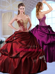 Simple Ball Gown Taffeta Wine Red Quinceanera Gowns with Pick Ups