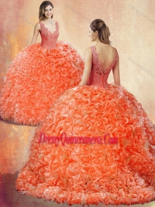 Simple V Neck Brush Train Quinceanera Dresses with Appliques