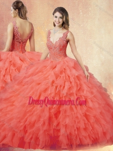 Traditional V Neck Sweet 16 Dresses with Ruffles and Appliques